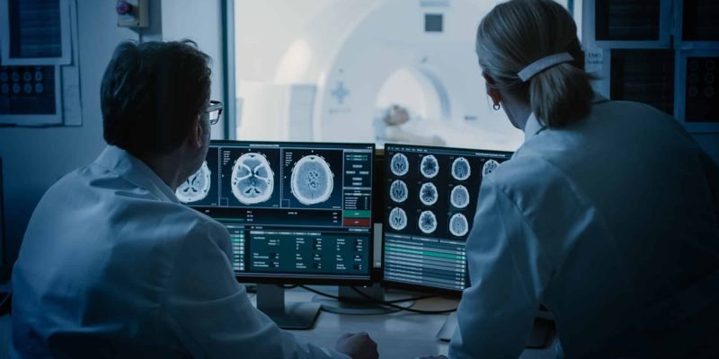 In Control Room Doctor and Radiologist Discuss Diagnosis while W